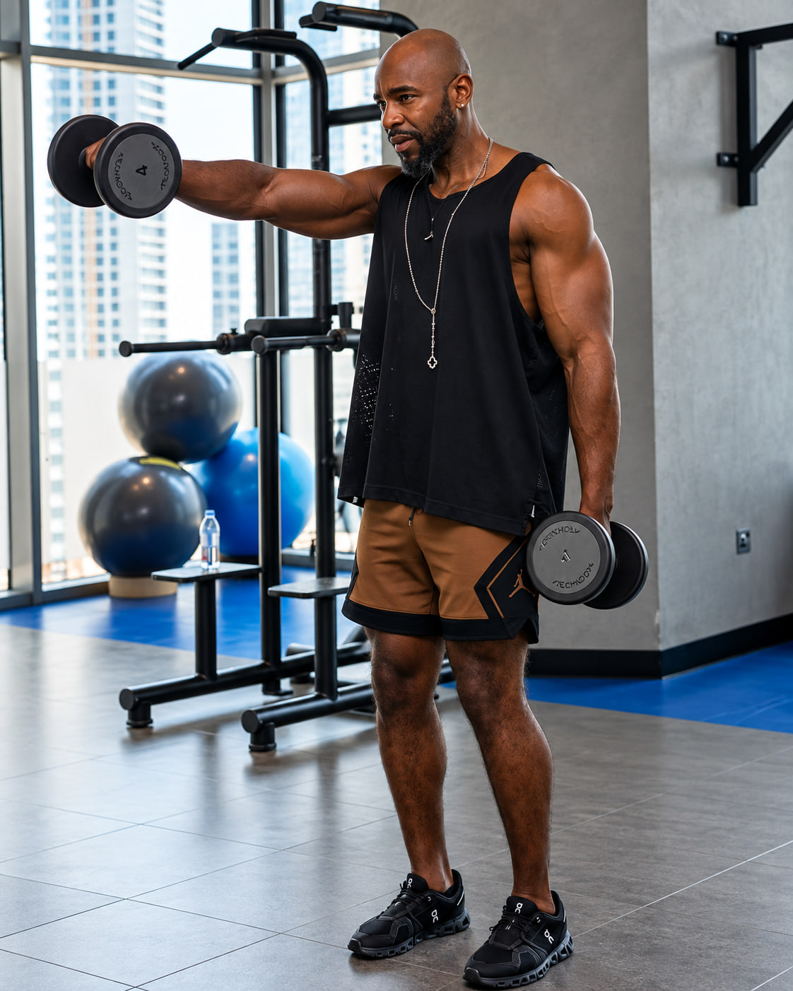Coach Gari training with dumbbells, personal training in Dubai
